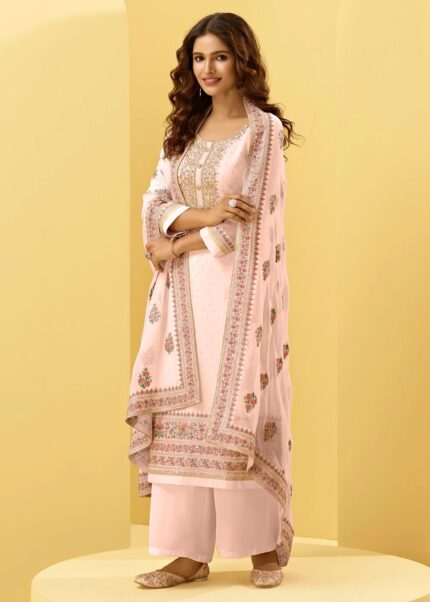 Pale Pink Unstitched Embroidered Georgette Suit Set