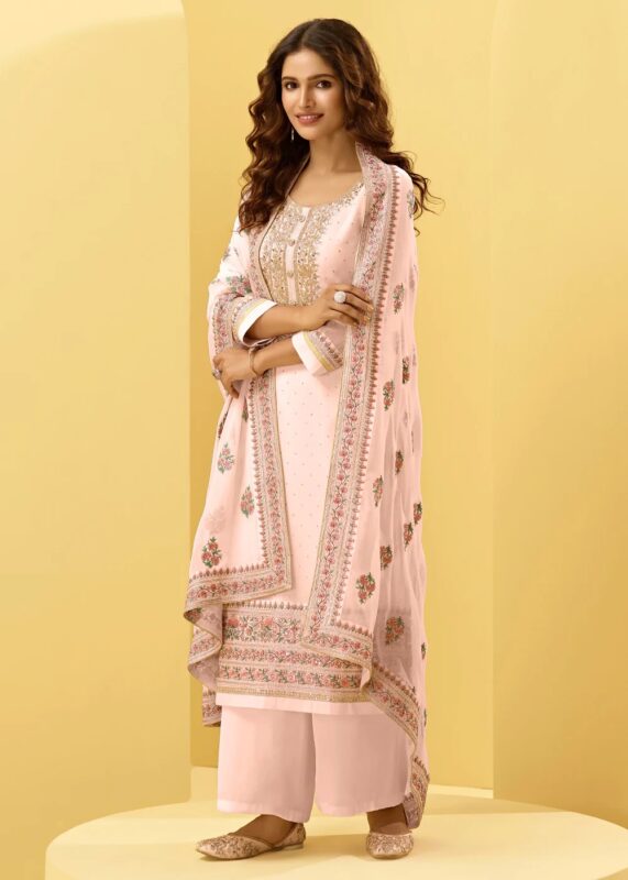 Pale Pink Unstitched Embroidered Georgette Suit Set