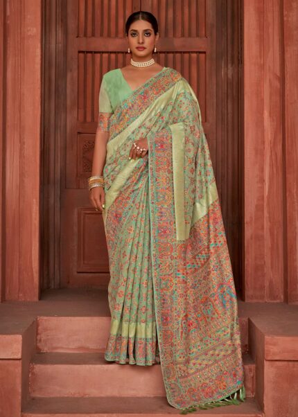 Pastel Green Kashmiri Jamawar Woven Pashmina Silk Saree