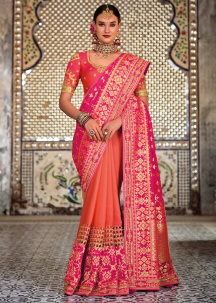 Pink Dual-tone Half N Half Woven Banarasi Silk Saree