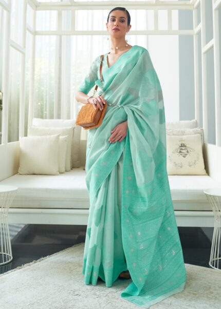 Turquoise Cotton Saree with Lucknowi Chikankari Weaving