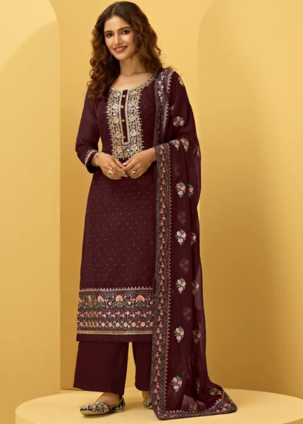 Wine Unstitched Embroidered Georgette Suit Set