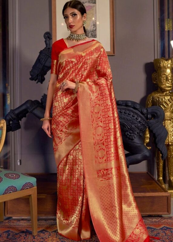 Golden Zari Woven Red Kanjivaram Silk Saree