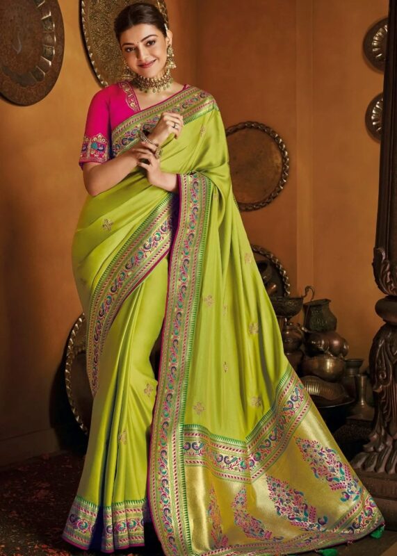 Lime Green Woven Paithani Silk Saree