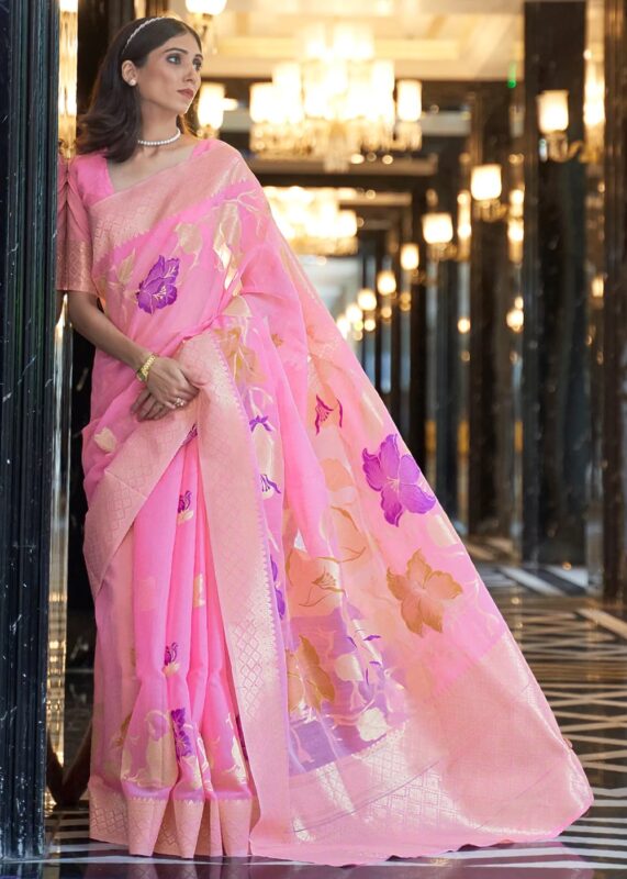 Pink Woven Linen Saree