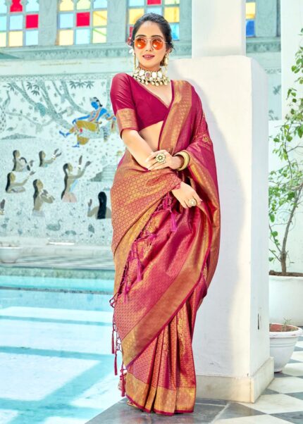 Raspberry Red Woven Kanjivaram Silk Saree