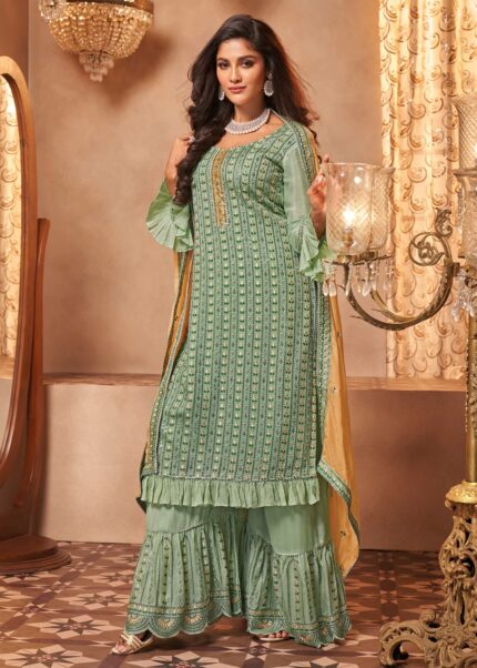 Turquoise Green Georgette Sharara Suit