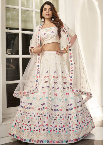 White Silk Lehenga Choli with Embroidery