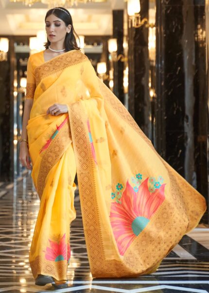 Yellow Woven Linen Saree