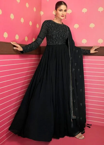 Gota Work Cotton Anarkali Suit in Black : KMM48