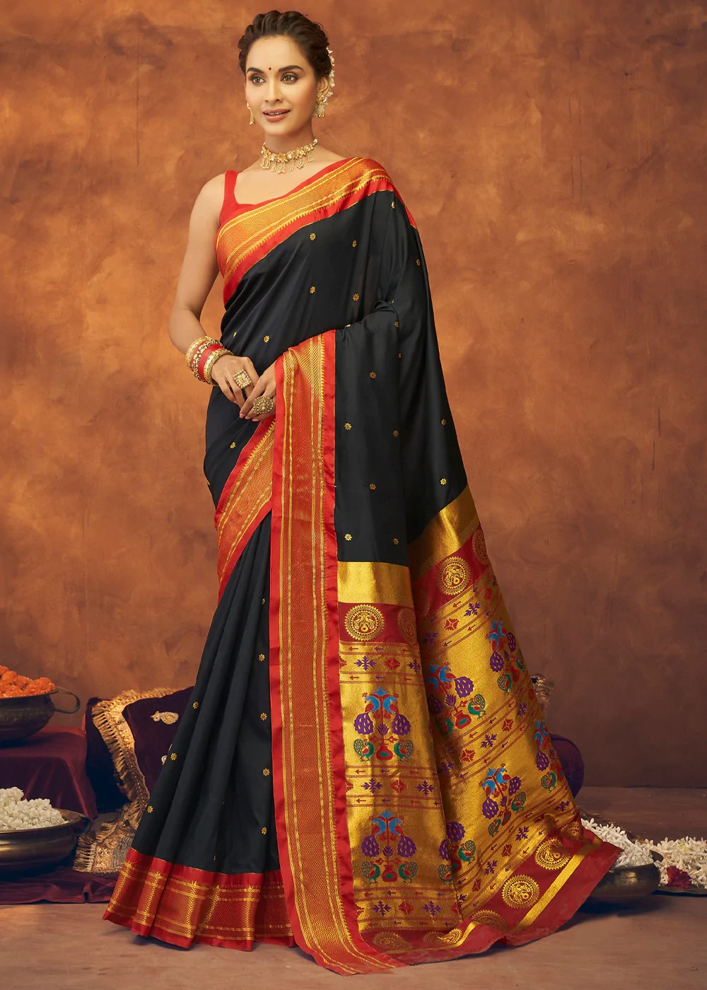 Royal Black Woven Paithani Silk Saree - Urban Womania