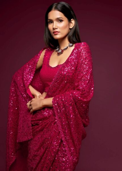 Dark Pink Georgette Sequins Saree