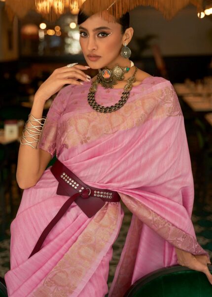 Flamingo Pink Tussar Silk Saree