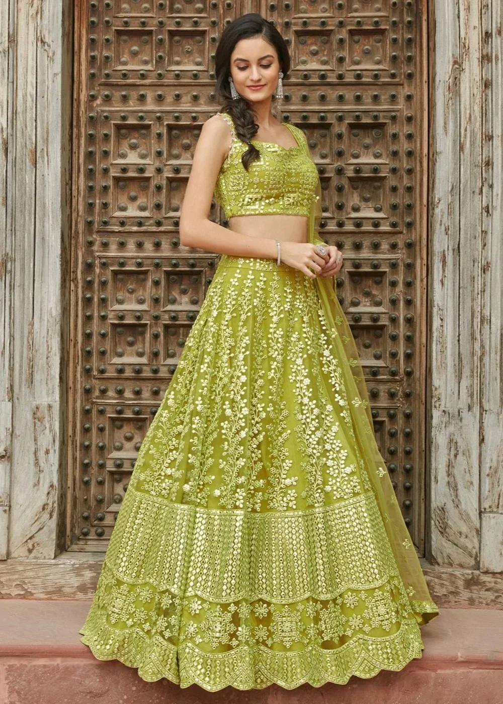 NO DUPPTTA ___ YELLOW GREEN LEHENGA lehenga women's new arrival latest  design embroidered work net lehenga