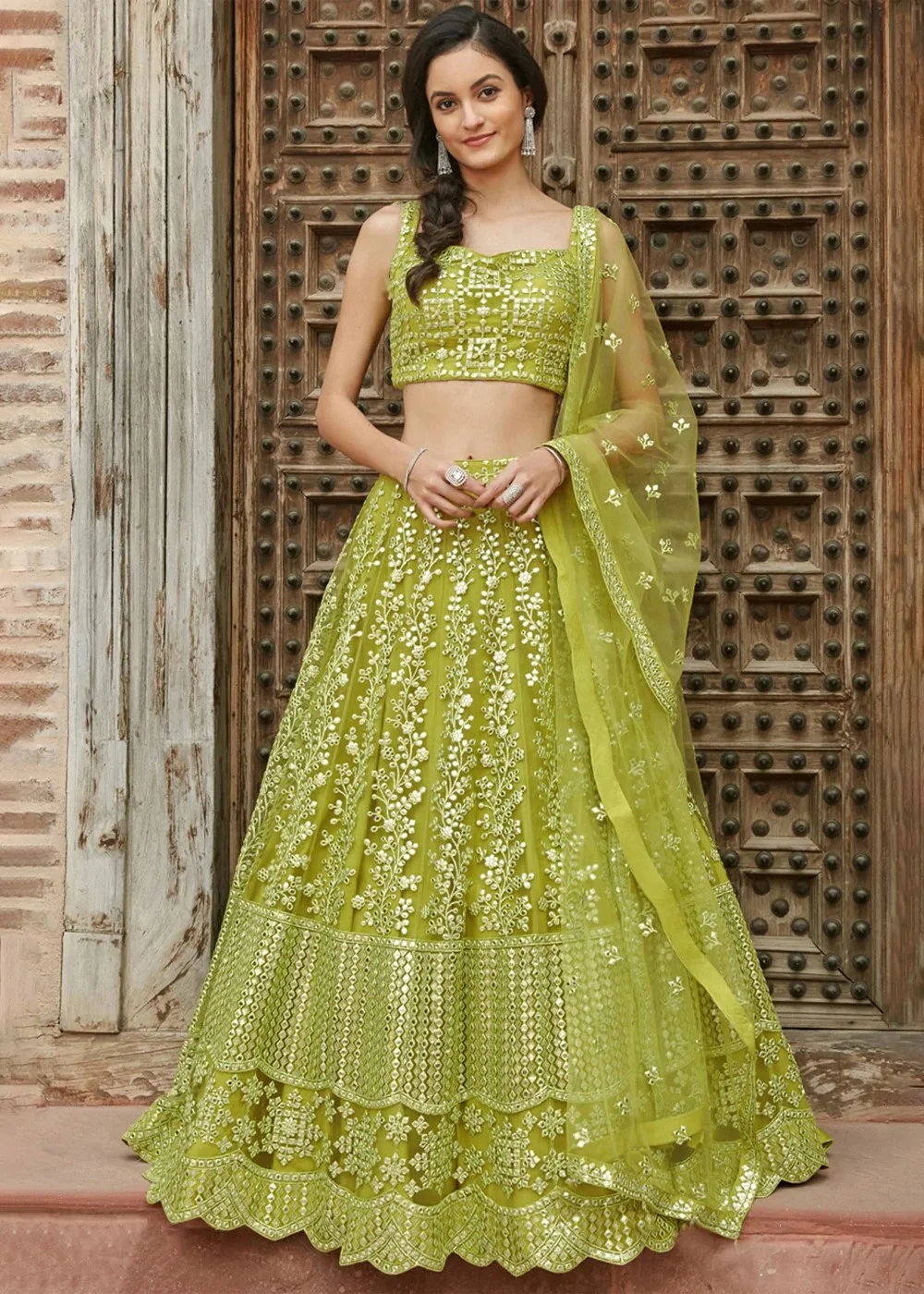 Yellow and green ghagra 2024 choli