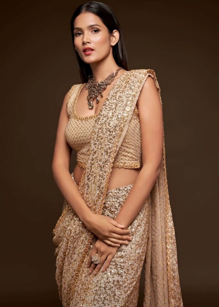 Beige Georgette Sequins Saree