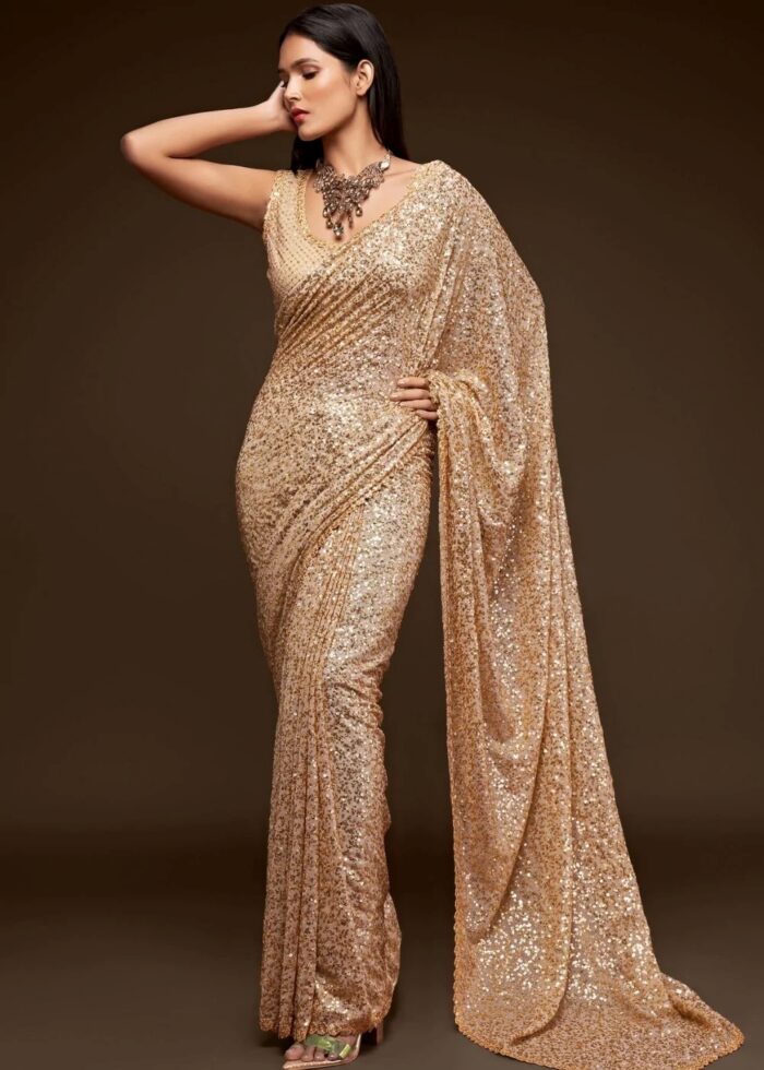 Beige Georgette Sequins Saree