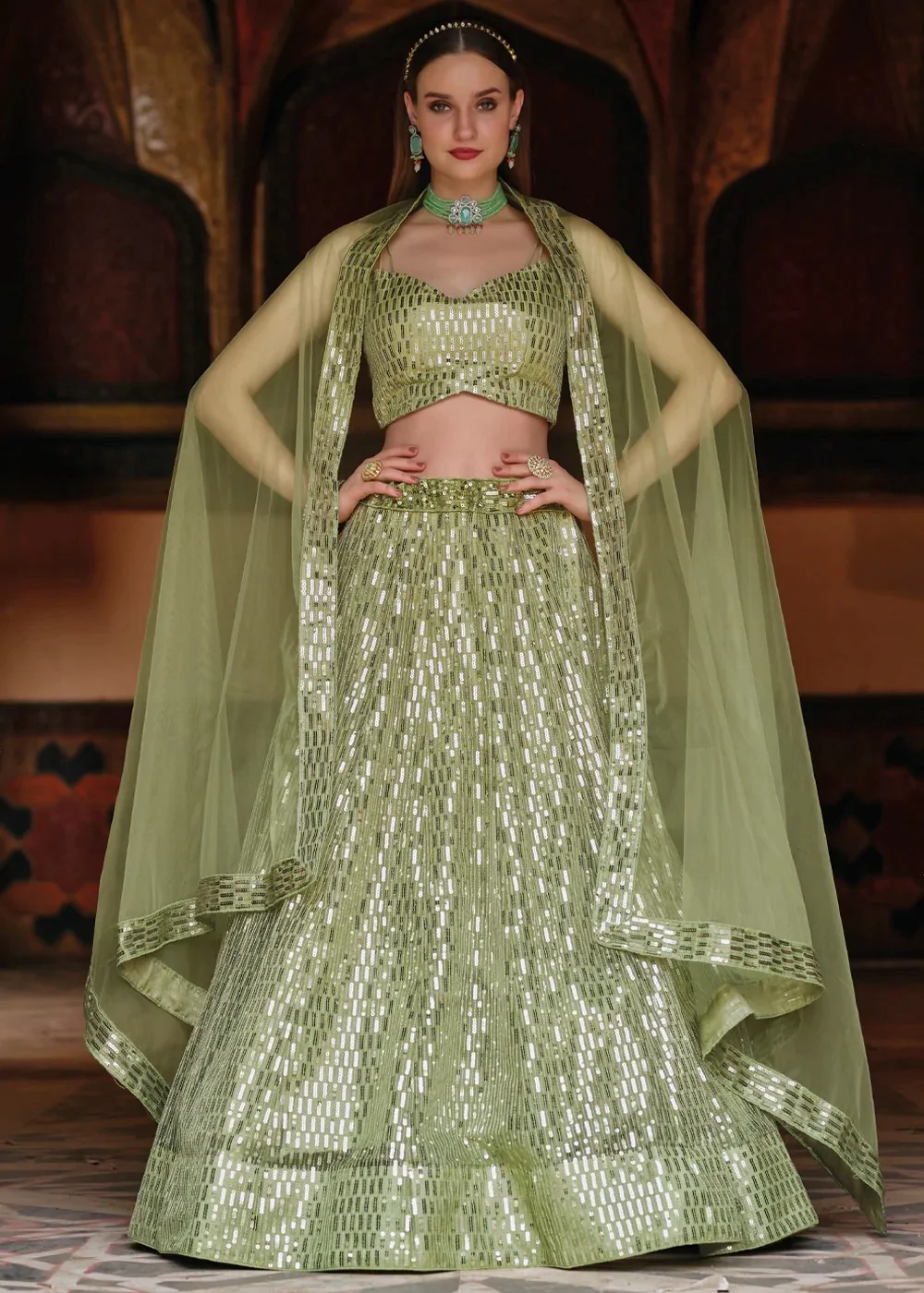 Buy FUSIONIC Bottle Green Soft Net Sequins Work Lehenga Choli For Women at