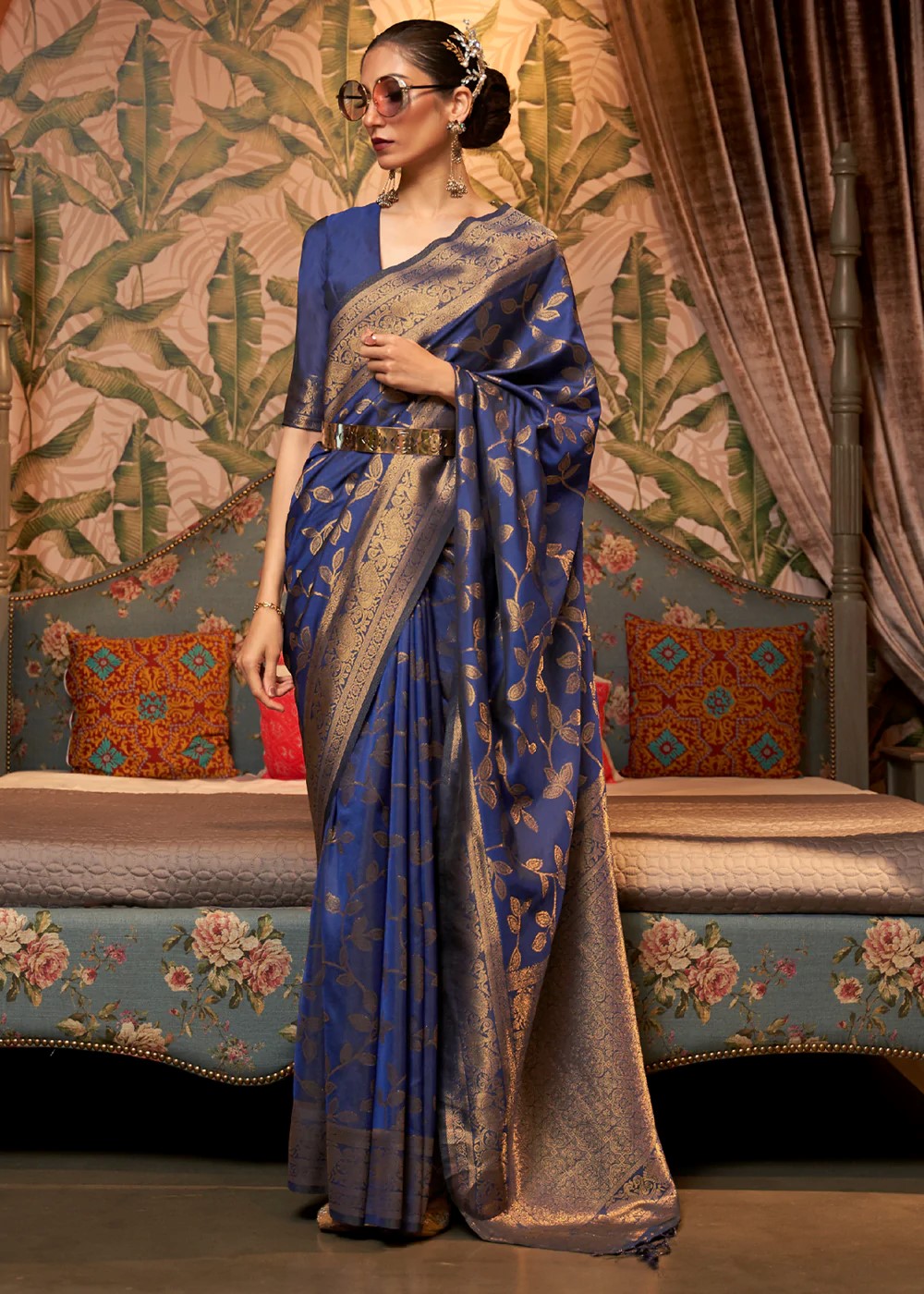 Royal Blue Woven Banarasi Silk Saree - Urban Womania