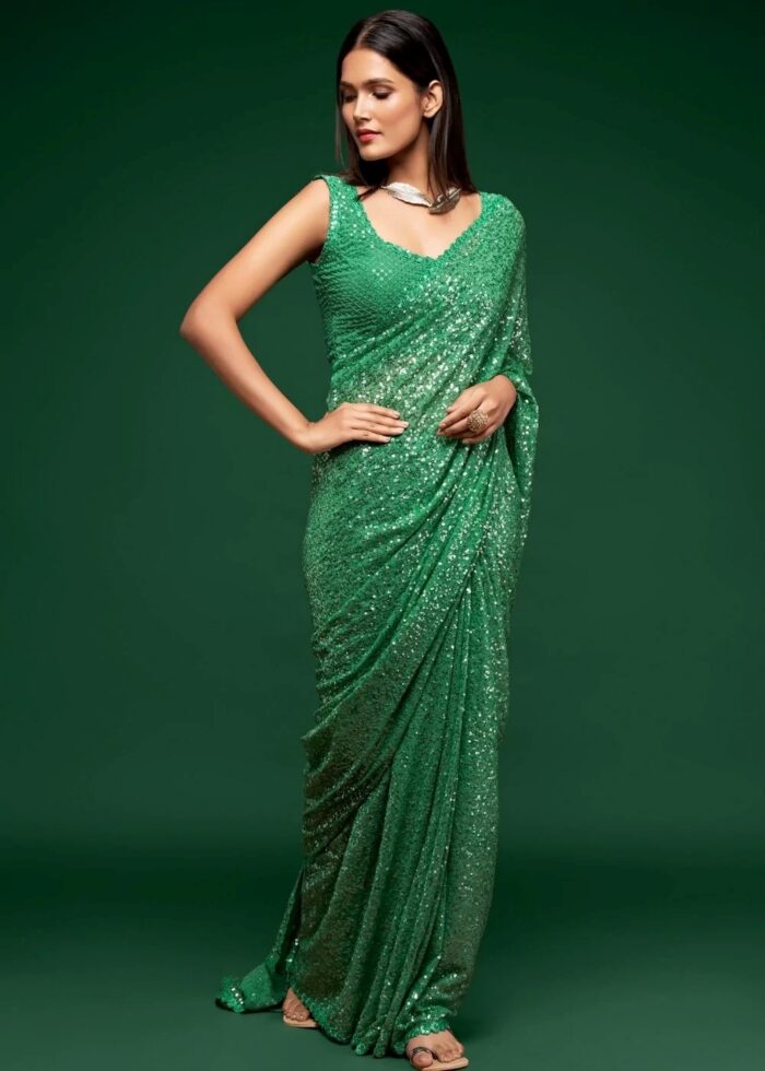 Sheen Green Georgette Sequins Saree