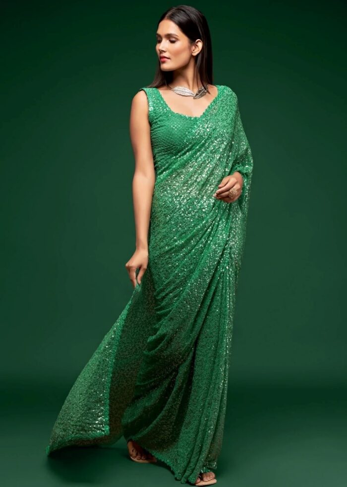 Sheen Green Georgette Sequins Saree