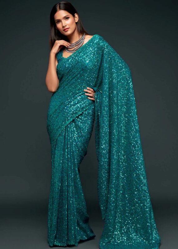 Teal Blue Georgette Sequins Saree