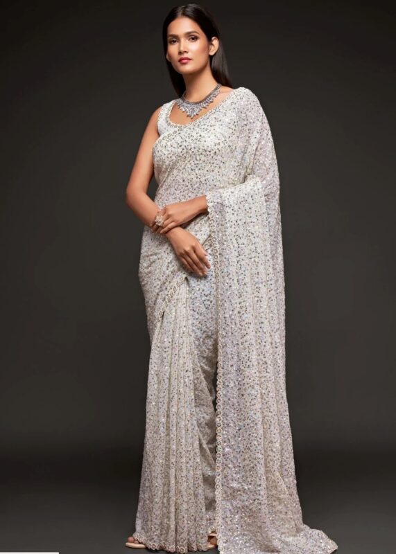 White Georgette Sequins Saree