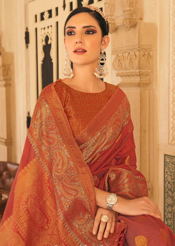 Coral Peach Organza Banarasi Saree