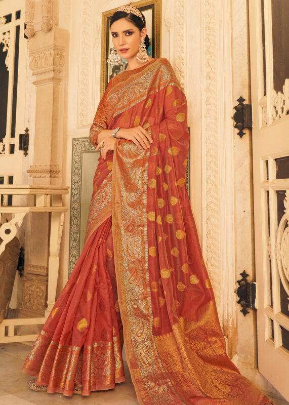 Coral Peach Organza Banarasi Saree