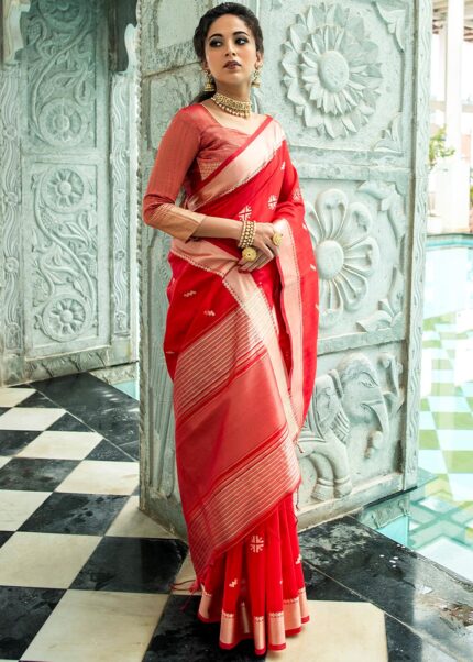 Crimson Red Tussar Silk Saree