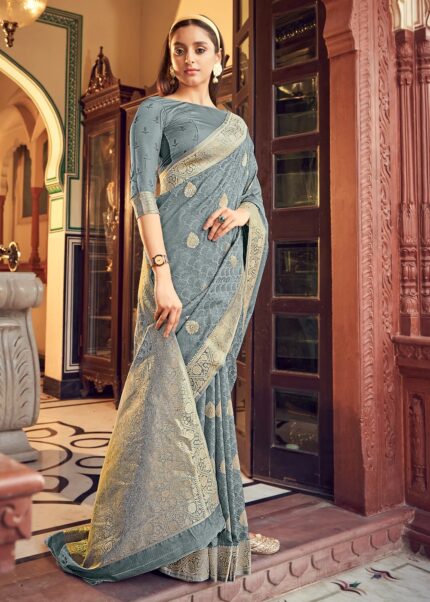 Gray Banarasi Satin Silk Saree