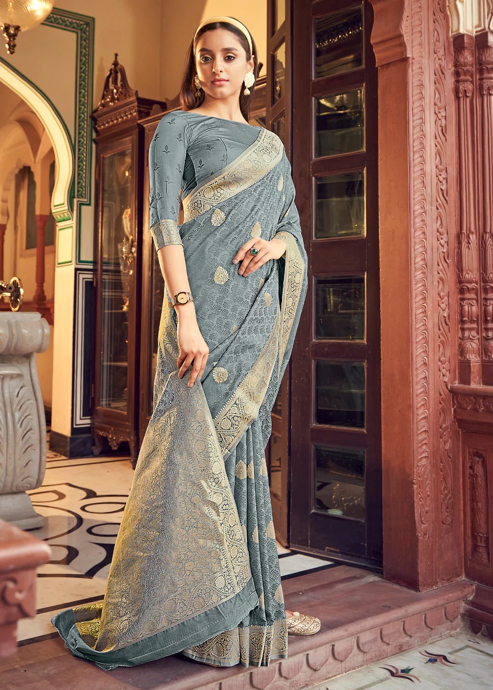 Gray Banarasi Weave Satin Silk Saree Urban Womania