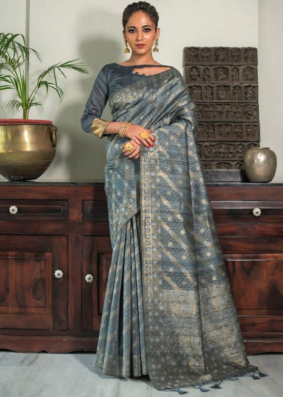 Gray Jamdani Silk Saree