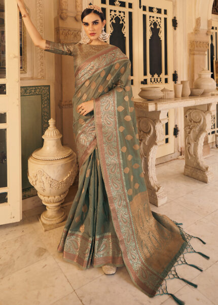 Gray Organza Banarasi Saree