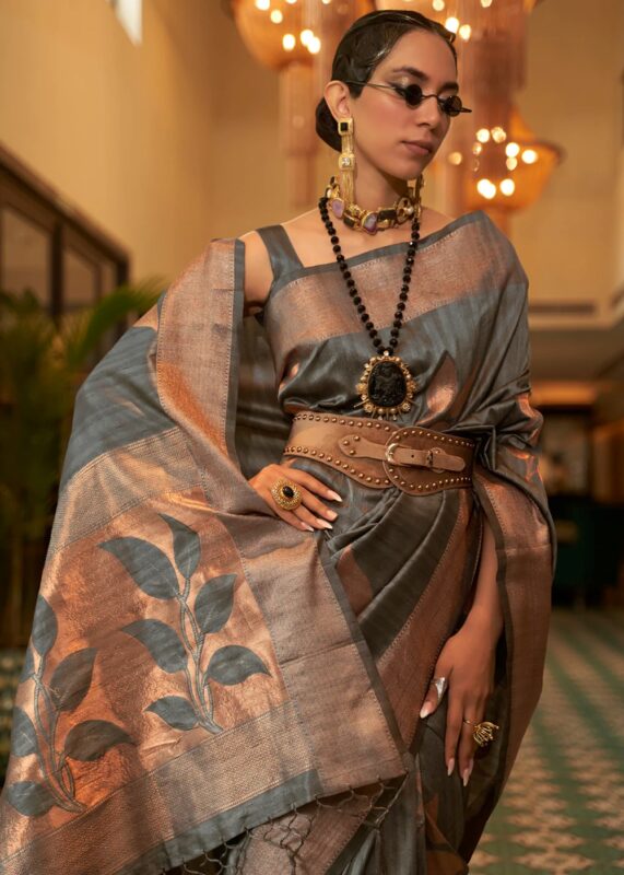 Gray Tussar Silk Saree