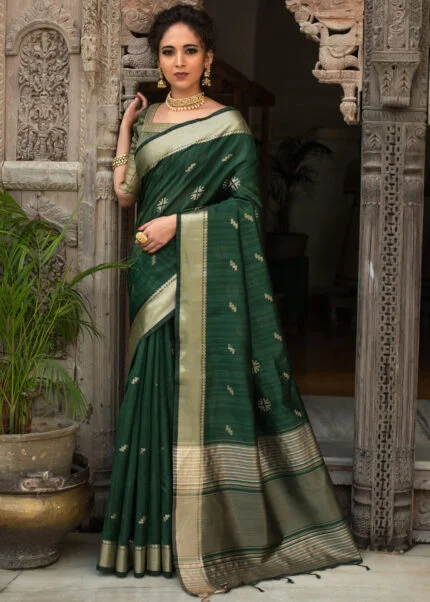 Bottle Green Satin Silk Saree With Handmade Tassels On Pallu