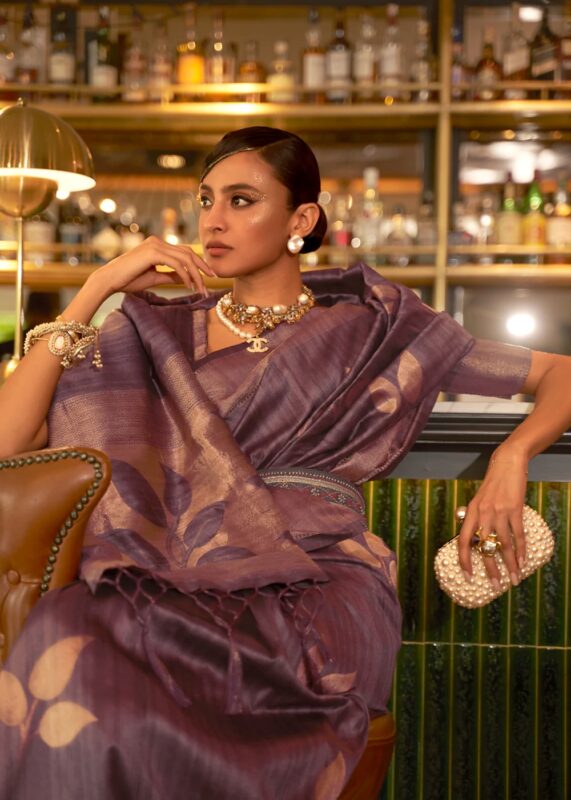 Mauve Taupe Tussar Silk Saree