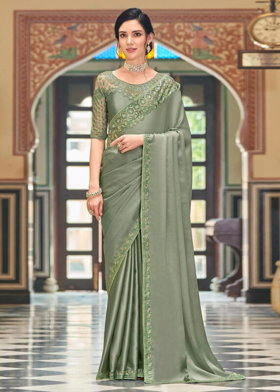 Olive Green Embroidered Designer Saree