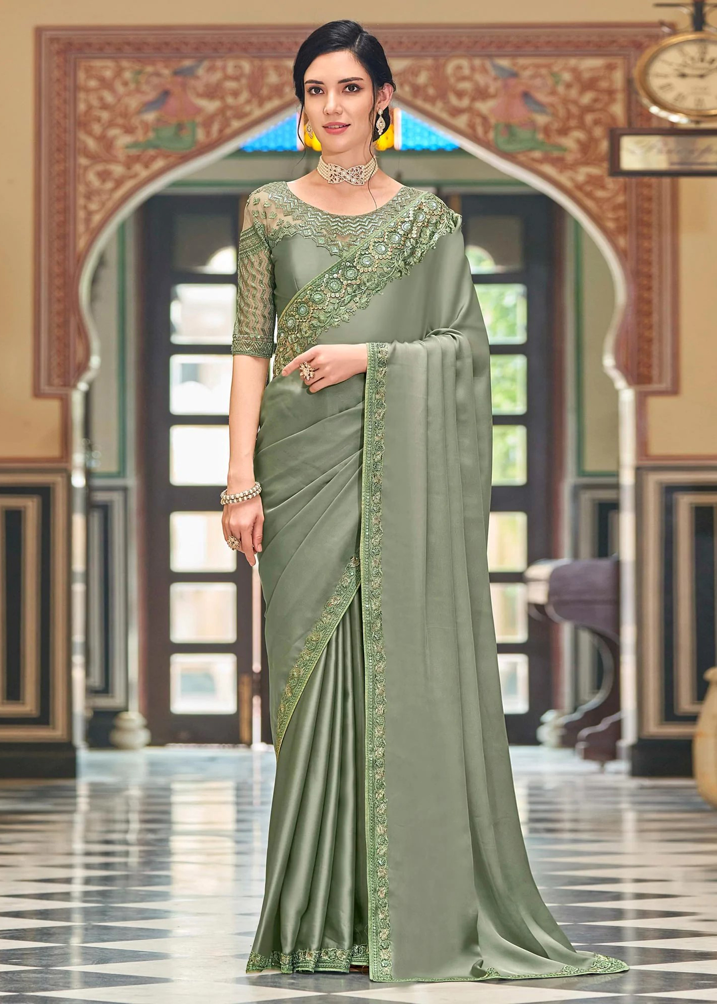 Olive Green Embroidered Designer Silk Saree - Urban Womania