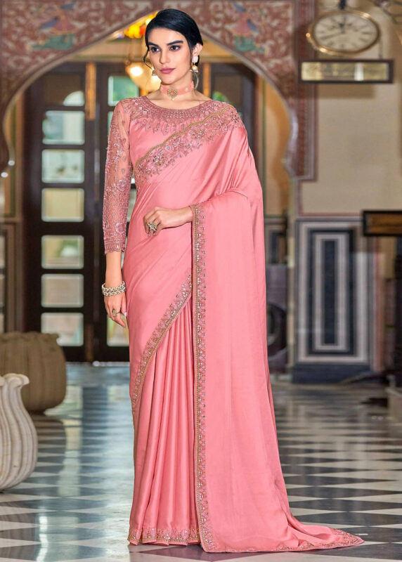 Pink Embroidered Designer Saree