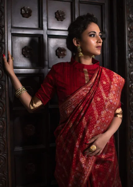 Premium Photo | Traditional lady in ruby red saree showcasing intricate  zari work isolated on white background