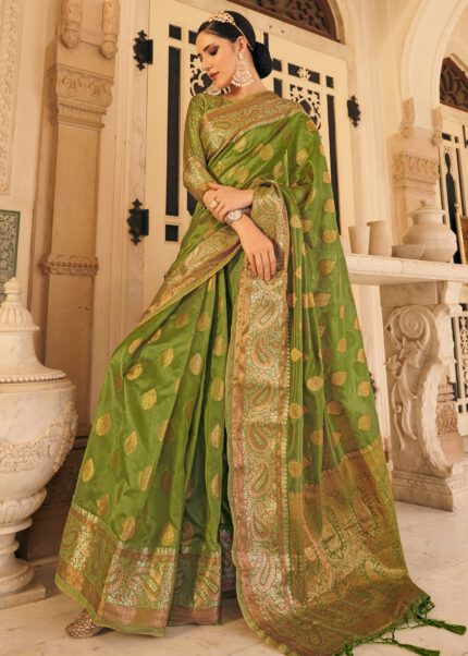 Sheen Green Organza Banarasi Saree