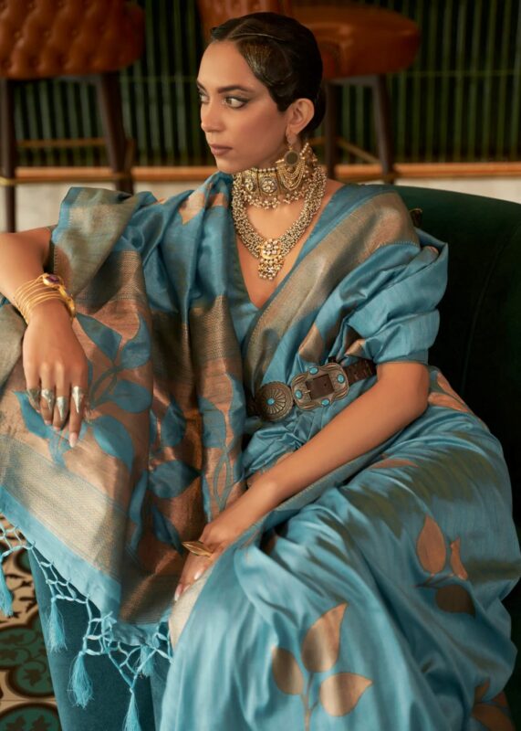 Teal Blue Tussar Silk Saree