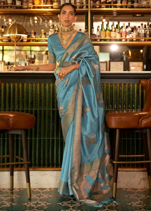 Teal Blue Tussar Silk Saree