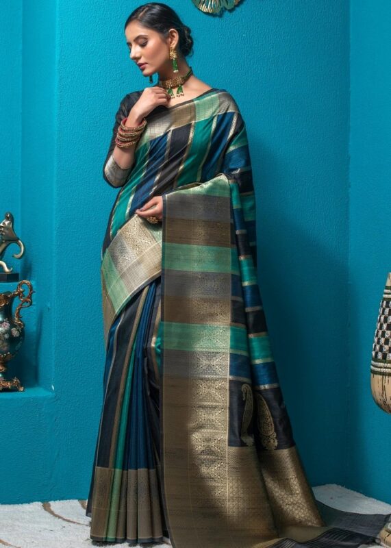 Teal Blue Woven Tussar Silk Saree