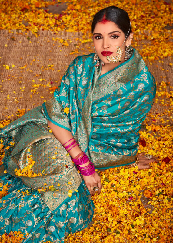 Turquoise Blue Banarasi Silk Saree