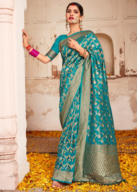 Turquoise Blue Banarasi Silk Saree