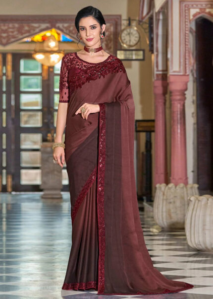 Wine Embroidered Designer Saree