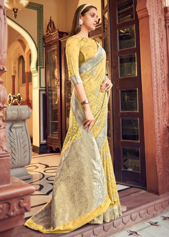 Yellow Banarasi Satin Silk Saree