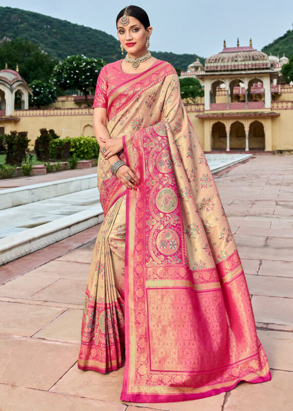 Beige & Magenta Banarasi Silk Saree